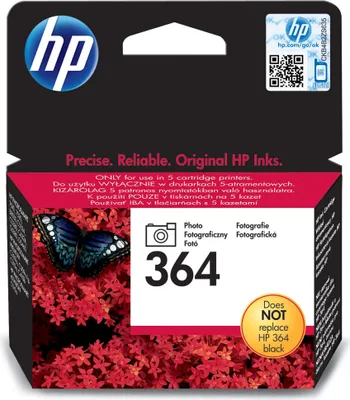 The image shows the packaging of an HP 364 black ink cartridge.