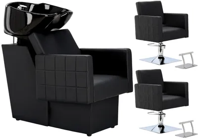 Zdjęcie produktu dla Tom Zestaw czarny myjnia fryzjerska i 2x fotel fryzjerski hydrauliczny obrotowy do salonu fryzjerskiego myjka ruchoma misa ceramiczna armatura bateria słuchawka