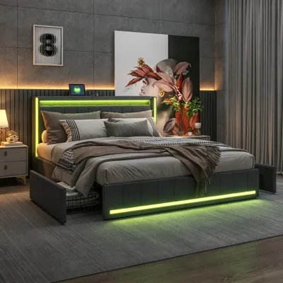 Image de INONEFT, lit capitonné 140x200 cm avec éclairage LED et prises USB, lit pour adolescents ou lit double avec 4 tiroirs, lit coffre avec sommier à lattes, tissu en lin
