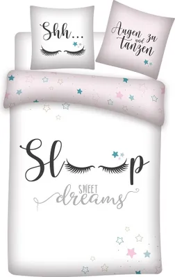 Produktbild von Sweet Dreams Bettwäsche 135x200 | 100% Baumwolle | Sleep Lashes Wimpern Sterne Bettwäsche für Mädchen (Rosa)
