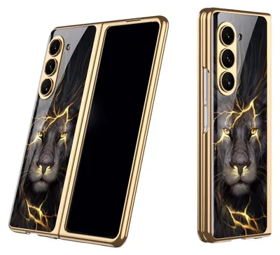 A folded phone case with a lion design is shown from two angles against a white background.