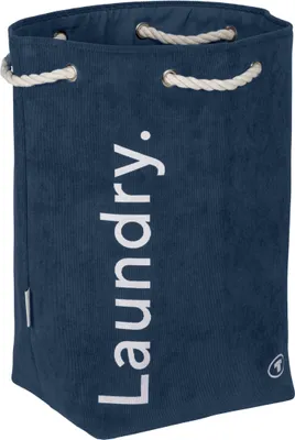 A blue laundry basket with the word "Laundry." printed on it.
