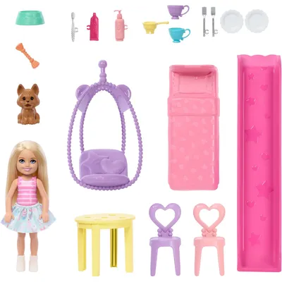 Produktbild von Barbie Chelsea Pop-up-Puppenhaus mit Puppe und über 15 Accessoires, Haus erweitert sich auf über 42 x 33 cm, 3 Jahr(e)