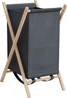 A laundry basket with a wooden frame and a gray fabric bin.
