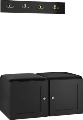 Produktbild von MIRJAN24 Garderoben-Set Orion Ramiro VI, Schuhschrank, Kleiderhakenbrett, 2x Sitzpaneel 42x42, Metallgriffe, 4 Kleiderhaken (Farbe: Schwarz, Manila 18)