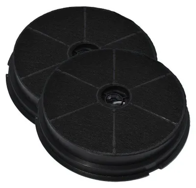 Two black circular activated carbon filters for a range hood.