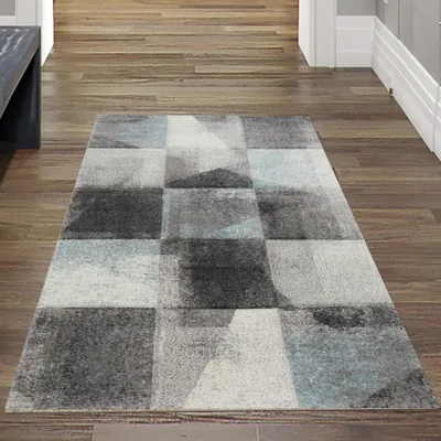 Produktbild von Wohnzimmer Teppich mit abstraktem Karomuster in grau blau Größe - 80 x 150 cm