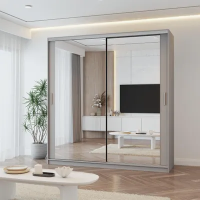 Image de Armoire à portes coulissantes TOKYO M, armoire de chambre à coucher, 203 cm, gris/gris avec miroir, poignées en PVC couleur aluminium