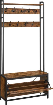 Produktbild von VASAGLE Garderobenständer mit Schuhschrank, Garderobe mit Sitzbank, Kleiderständer, Schuhkipper, 9 Haken, obere Ablage, für Flur, Schlafzimmer, Industrie-Design, vintagebraun-schwarz HSR405B01