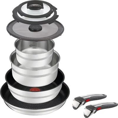 Produktbild von 9-teiliges Pfannen- und Topfset, ofenfest bis 250 °C ohne Griff, Thermosignal, PFOA-frei, für alle Herdarten inklusive Induktion, Edelstahl/Schwarz