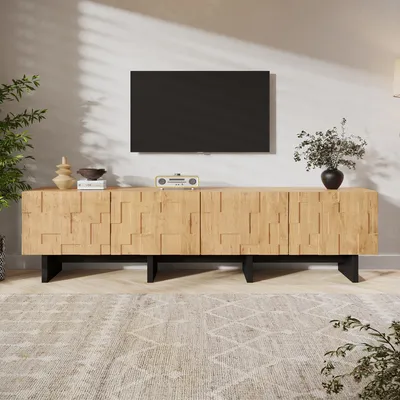 Image de Meuble TV Merax avec 4 portes, design à motif en treillis, mécanisme à ouverture par pression, meuble TV pour écrans jusqu'à 75 pouces, beaucoup d'espace de rangement, finition naturelle