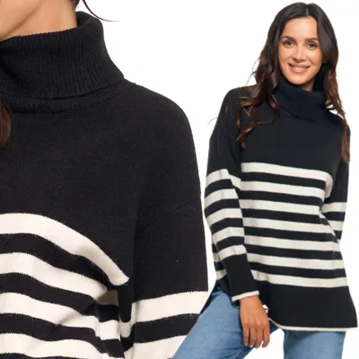 Produktbild von Klassischer Damen-Rollkragenpullover mit langen Ärmeln und Streifen, MORAJ XL, schwarz