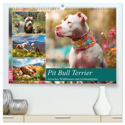 Produktbild von Pit Bull Terrier. Zwischen Wildblumen und Großstadtglanz (hochwertiger Premium Wandkalender 2027 DIN A2 quer), Kunstdruck in Hochglanz