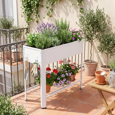 Produktbild von VCM Metall Hochbeet mit Ablage 80x35x80 cm, stehender Pflanzkasten für Balkon Terrasse Garten, Blumenkasten auf Beinen, Balora XL