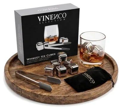 Produktbild von Whisky-Steine – Edelstahl – Set mit 8 Stück – Mit Aufbewahrungsbeutel und Eiskelle – Wiederverwendbare Kühlsteine