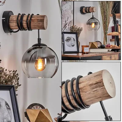Produktbild von Cesaro Wandlampe aus Metall/Holz/Glas in Schwarz/Natur/Chrom/Klar