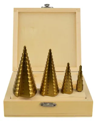 Immagine prodotto di Set punte coniche HSS, fresa conica per trapano a gradini, con gambo e punzone centrale, 4 - 39 mm,4 pezzi Geko