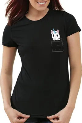 Produktbild von style3 Unicorn Pocket Cat Damen T-Shirt Einhorn Katze Brusttasche, Farbe:Schwarz, Größe:XL
