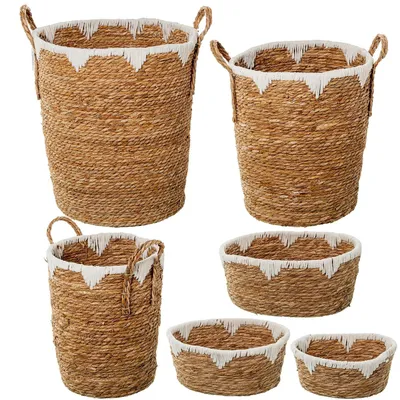 Produktbild von Set mit 6 Körben aus Seegras und natürlicher Baumwolle, weiß, Ø 40 x 47 + Ø 34 x