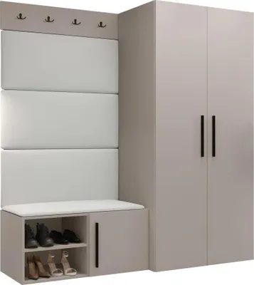 Produktbild von MIRJAN24 Garderoben-Set Medi I, Schuhschrank, Kleiderhakenbrett, 4x Paneel 84x42, 4 Kleiderhaken (Farbe: Cashmere, Soft 017)