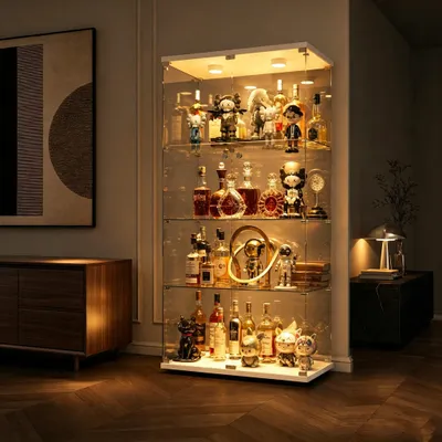 Produktbild von INONEFT Glasvitrine mit LED Beleuchtung, Vitrine mit 2 Türen und 4-stufig, Sammlervitrine, Standvitrine, für Sammlerstücke, Ausstellungen, Weiß