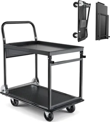 Immagine prodotto di SucceBuy Carrello pieghevole da 317 kg, carrello con piattaforma e ruote in PU, carrello per attrezzi e materiali, carrello di trasporto a 2 livelli, ideale per magazzini, garage, officine, uffici, 730x470x820 mm