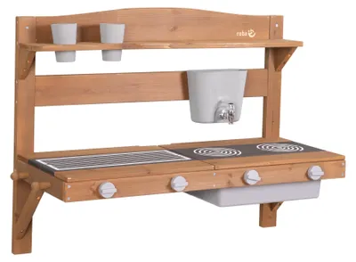 Produktbild von roba Matschküche für Kinder zum Aufhängen - Funktionelle Outdoor Spielküche mit Wasserspender & Zubehör - Holz - Teakholzfarben lasiert