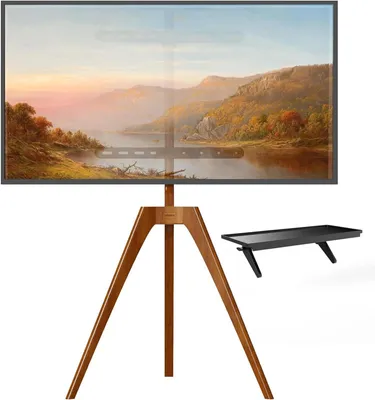 Produktbild von TV-Ständer im Staffelei-Design für 45–65 Zoll – Buchenholz, Medienablage, schwenkbar, VESA bis 400×400 mm, Tragkraft 40 kg, schwarz