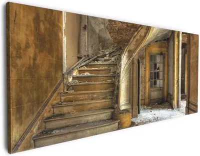 Produktbild von Wallario Premium Leinwandbild Massive Steintreppe in herrenlosem Haus in Größe 50 x 125 cm