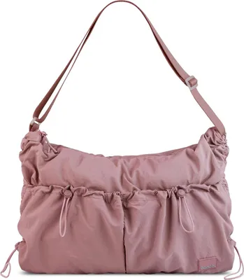 A studio shot of a pink handbag.