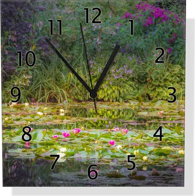 Produktbild von Wallario Design Wanduhr Blühender Seerosenteppich aus Echtglas, Größe 30 x 30 cm