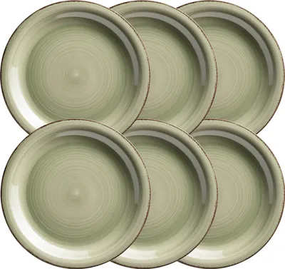 A set of six green stoneware dinner plates arranged in two rows of three.