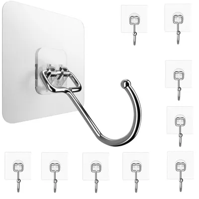 Image de 10 crochets adhésifs ultra-résistants, capacité de charge maximale de 15 kg, crochets adhésifs transparents, aucun perçage nécessaire, crochets muraux adhésifs pour la cuisine et la salle de bains, à fixer au mur ou au plafond.