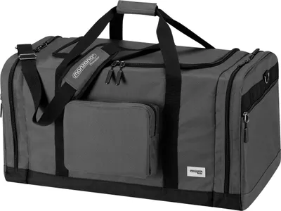 A studio shot of a gray duffel bag with black accents.