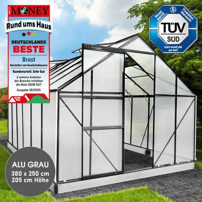 Produktbild von BRAST Gewächshaus Aluminium mit Fundament | 380x250x205cm | 6mm Hohlkammerplatten | rostfrei wetterfest temperaturbeständig | Grau