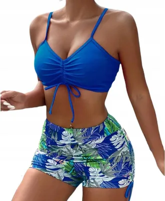 Immagine prodotto di Costume da bagno - Due pezzi - Costume da donna - Taglio alto - Bikini con pantaloncini - Coulisse - Blu - Con motivo - XL