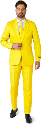A man wearing a yellow suit, shirt, and tie.
