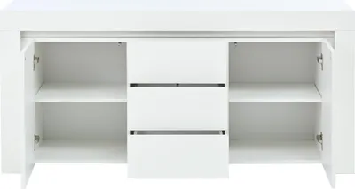 Produktbild von MODFU Hochglanz -Kommode Sideboard mit 2 Türen,Beistellschrank mit LED-Lichtleiste und Stauraum,Wohnzimmerschrank mit 3 Schubladen,Weiß