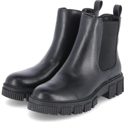 A pair of black Chelsea boots with a thick sole, shown from the front.