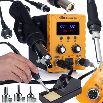 A collection of soldering equipment, including a hot air rework station, soldering iron, and various accessories, arranged on a white background.