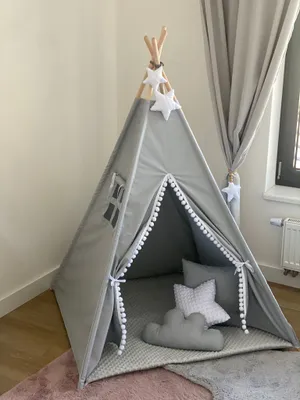 Produktbild von Kinder Spielzelt Wigwam Teepee premium mit Zubehör (grau weiss Stern)