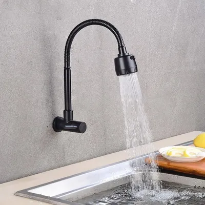 Productafbeelding van Keukenkraan Koudwater - Roestvrij Staal - Wandmontage - Flexibele Slang - Eengreeps - Duurzaam en Antiroest - Waterkraan