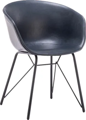 A modern dark gray chair with a black metal frame, shown from a front-diagonal angle against a white background.