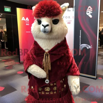 Productafbeelding van Mascot REDBROKOLY karakter van een kastanjebruine alpaca gekleed met een minirok en sjaalspelden