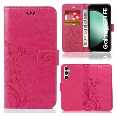 Produktbild von Handy Tasche für Samsung Galaxy S23 FE Schutz Hülle Handyhülle mit Blumenmuster Klapp Hülle mit Standfunktion und Kartenfächer Pink