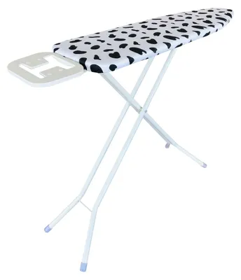 An ironing board with a black and white patterned cover and a white metal frame, shown from a diagonal angle against a white background.
