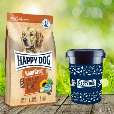 Produktbild von Happy Dog Premium NaturCroq Rind und Reis 15 kg inkl. Happy Dog Futtertonne 43 Liter
