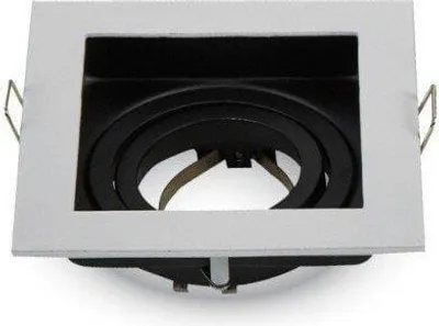 A square recessed spotlight fixture with a white outer frame and a black inner component with concentric rings.