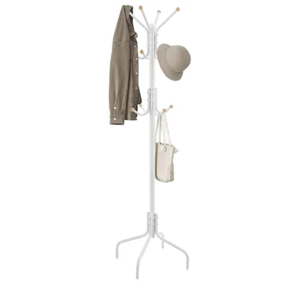 A white coat rack with a jacket, hat, and bag on it.