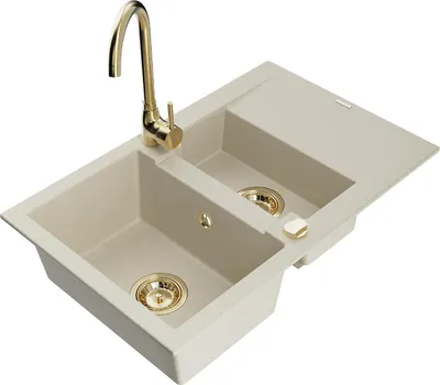 Image de Mexen Gaspar évier en granit 1,5 bac avec égouttoir et mitigeur Telma, Beige - 6507-69-670200-50